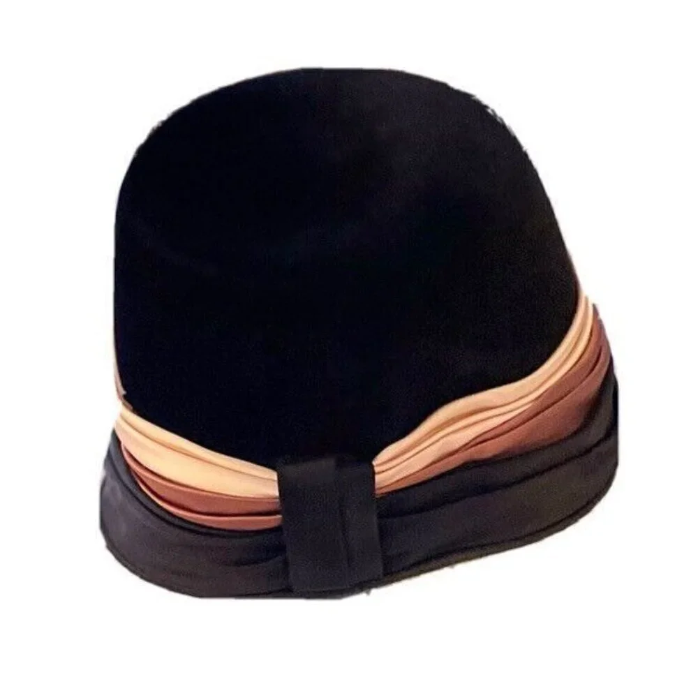 Vintage Royal Deluxe Velour Clothe Hat Black with Brown and Cream Satin‎ Ribbon